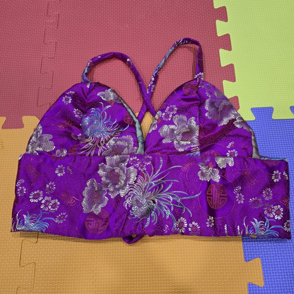 Vibrant Purple Brocade Silk Blend Crop Top, Oriental Floral Print,‎ Size M -...